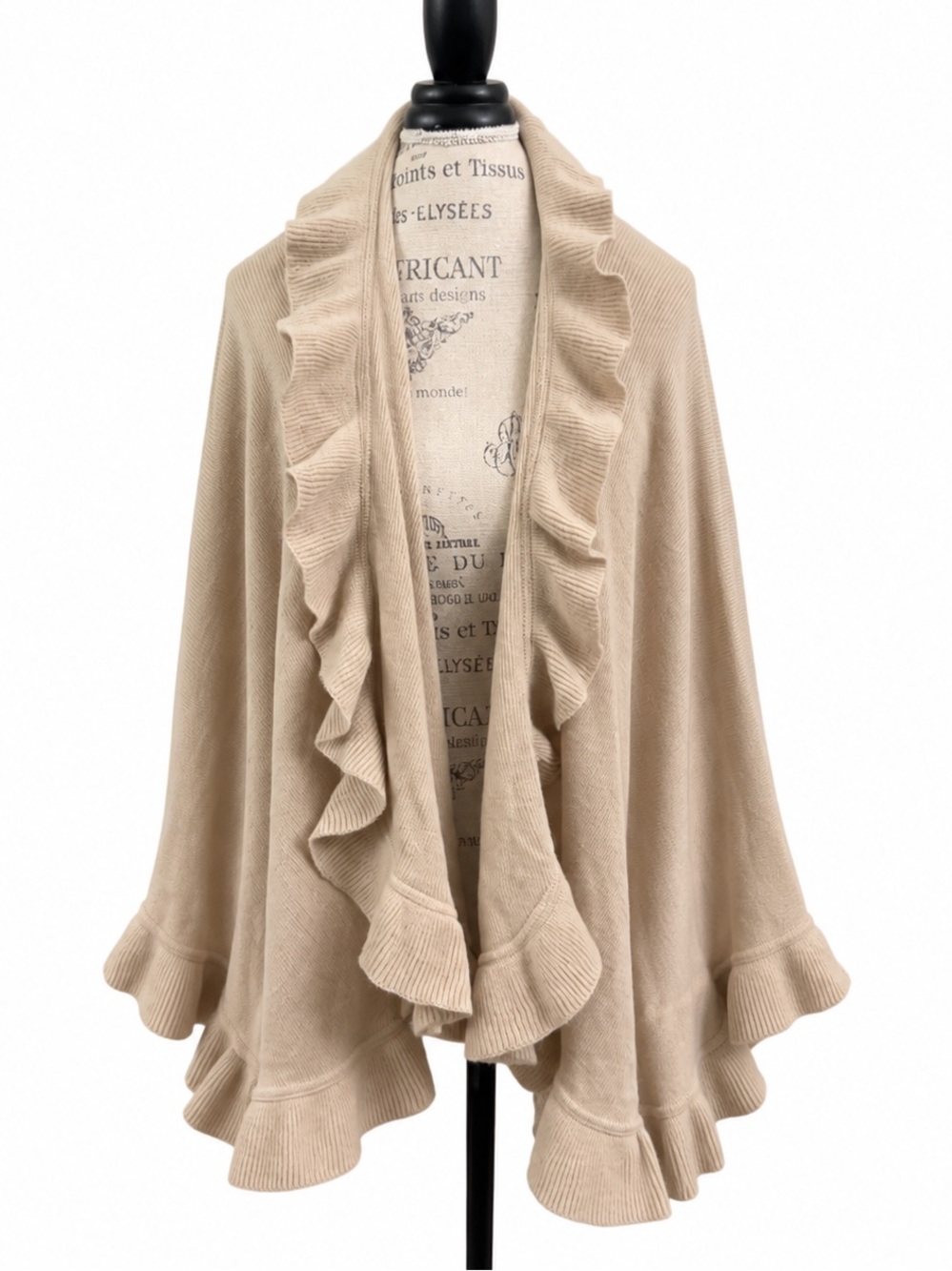 Isaac Mizrahi Live! Beige Ruffle Knit Wrap Poncho One Size